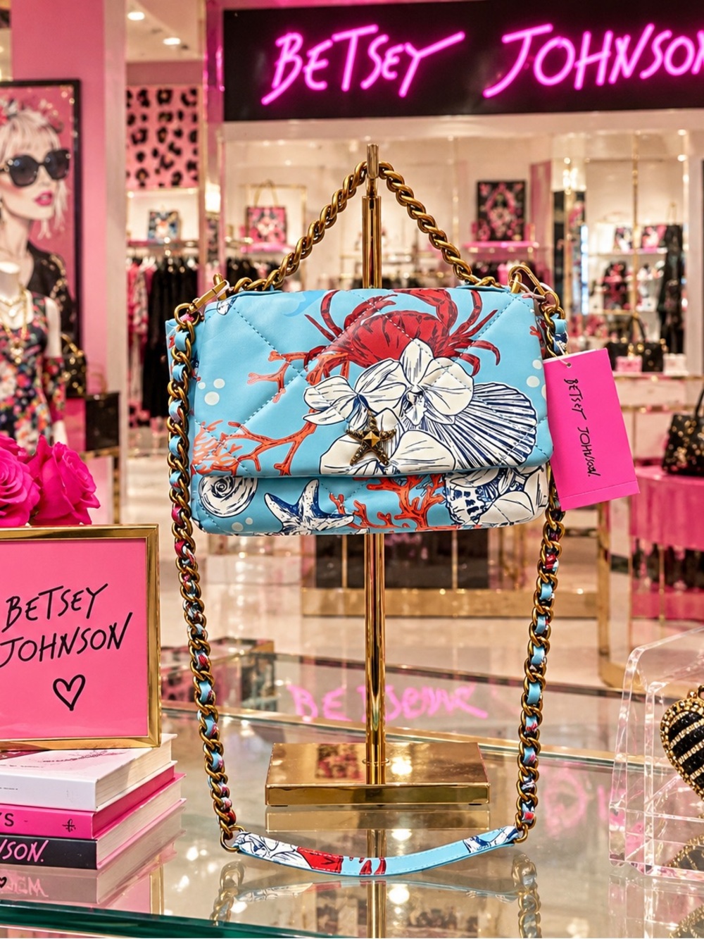 Betsey Johnson Ocean Themed Print With Crab Quilted Crossbody And Gold Chain